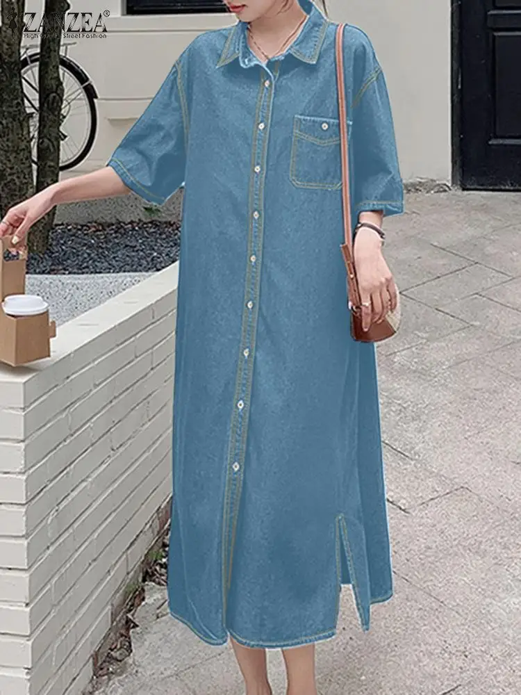 2024 ZANZEA Summer Denim Blue Shirt Dress Oversize Women Elegant Button Down Midi Vestidos Short Sleeve Lapel Neck Sundress Robe