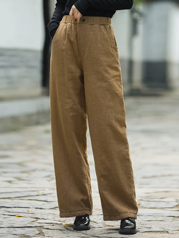 المرأة Thiened الكتان القطن مستقيم الساق السراويل الشتاء الدافئة ملابس خارجية غير رسمية بنطلون مريح فضفاض صالح السراويل الطويلة