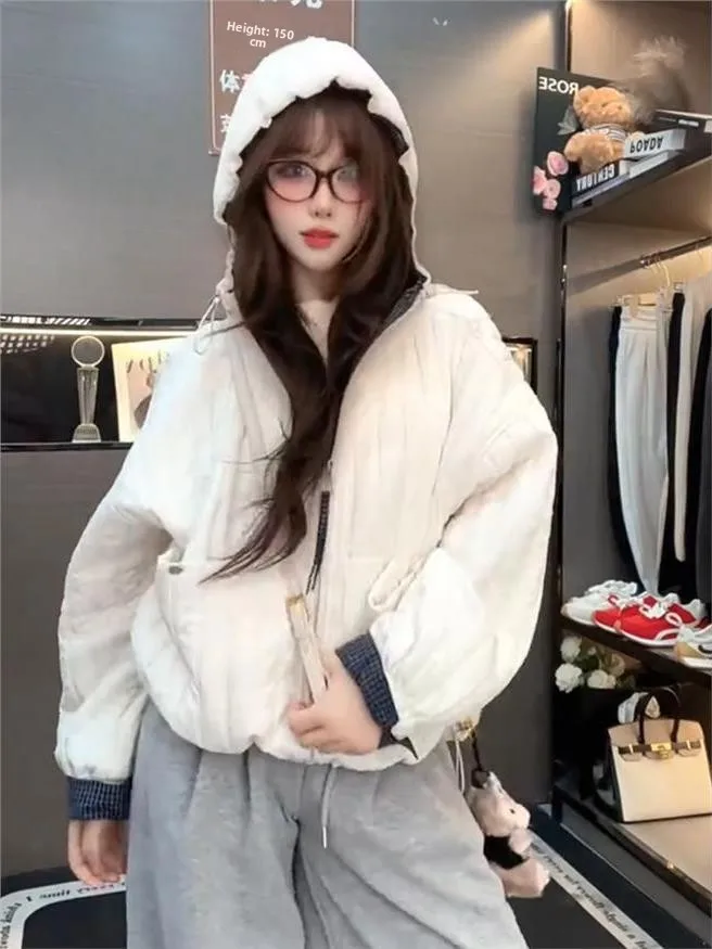 

Простая легкая хлопковая куртка в корейском стиле с капюшоном и вставками, женская осенне-зимняя новая модная элегантная универсальная верхняя одежда малого размера