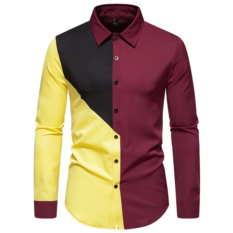 Fashion Shirts for Men Autumn New Men's Stitching Color Retro Dress Clothes Wedding Business Shirt Chemise Homme