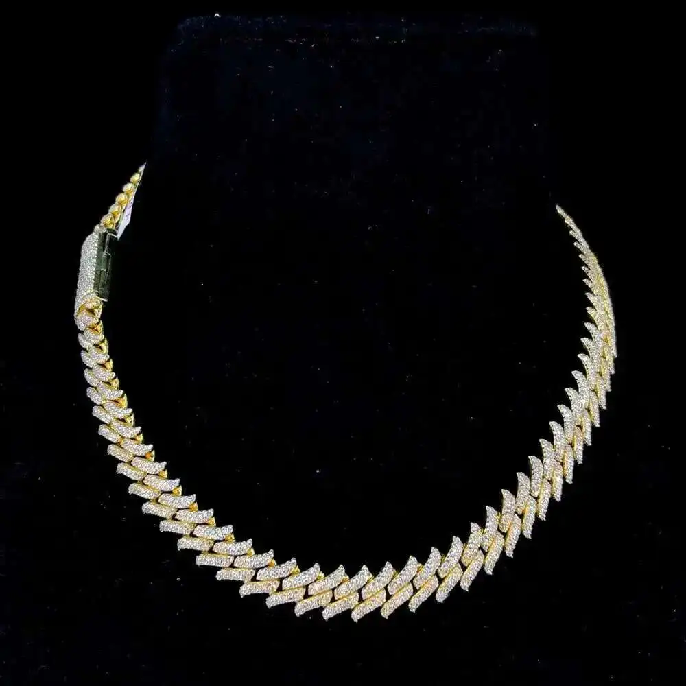 

925 Sterling Silver Spiked Baguette Cuban Chain Vvs Moissanite Diamond Pass the Tester 14k Gold Plated Necklace