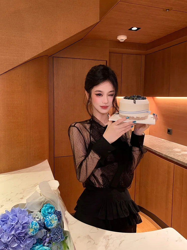 

Elegant Lady Set Women Spring Heavy Embroidery Lace Tulle Polka Dot Cover up Pleated Skirt Two Piece Set Fashionable Casual