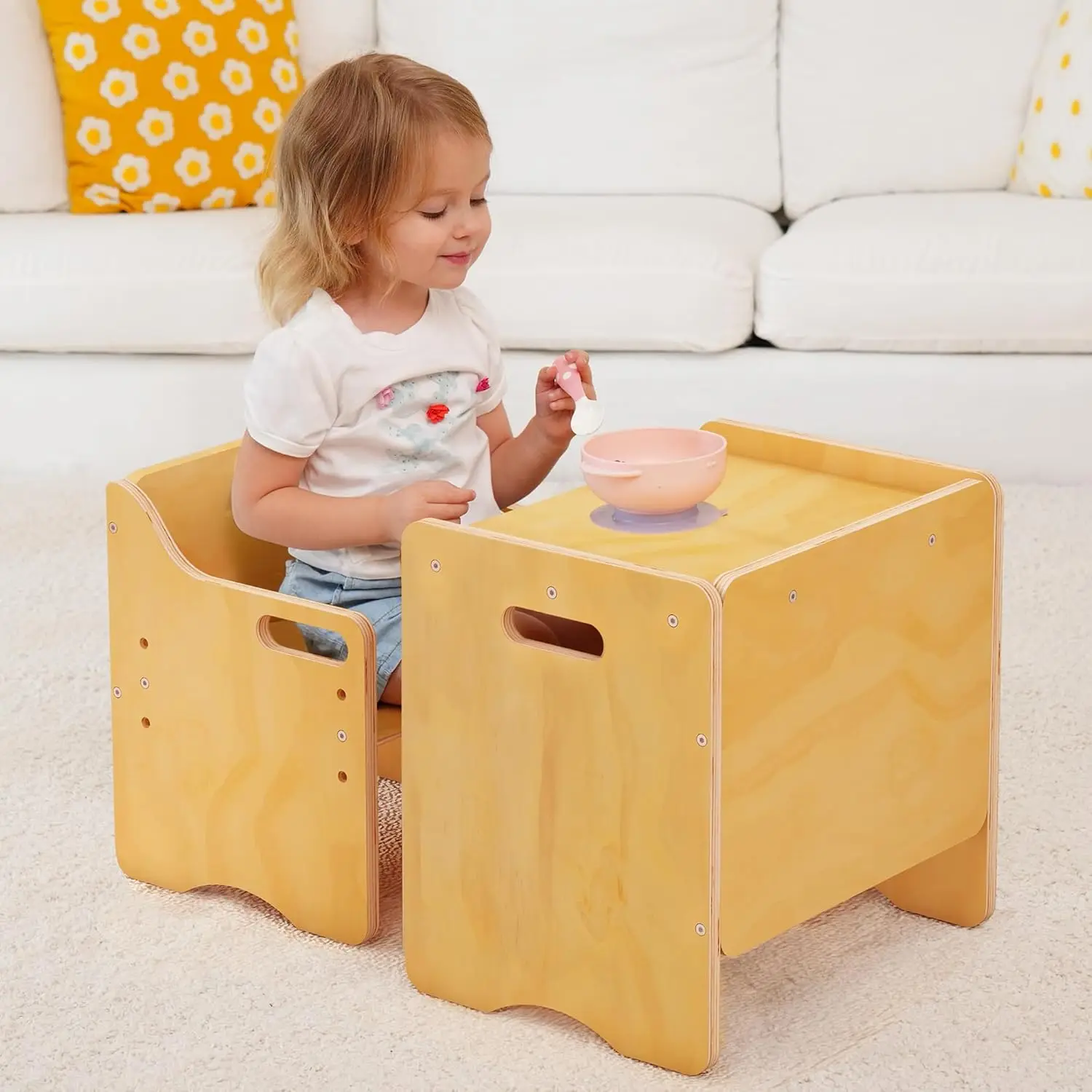 

Wooden Toddler Table and Chair Set with Adjustable Seat Height, Kids Activity Step Stool for Eating Drawing Reading