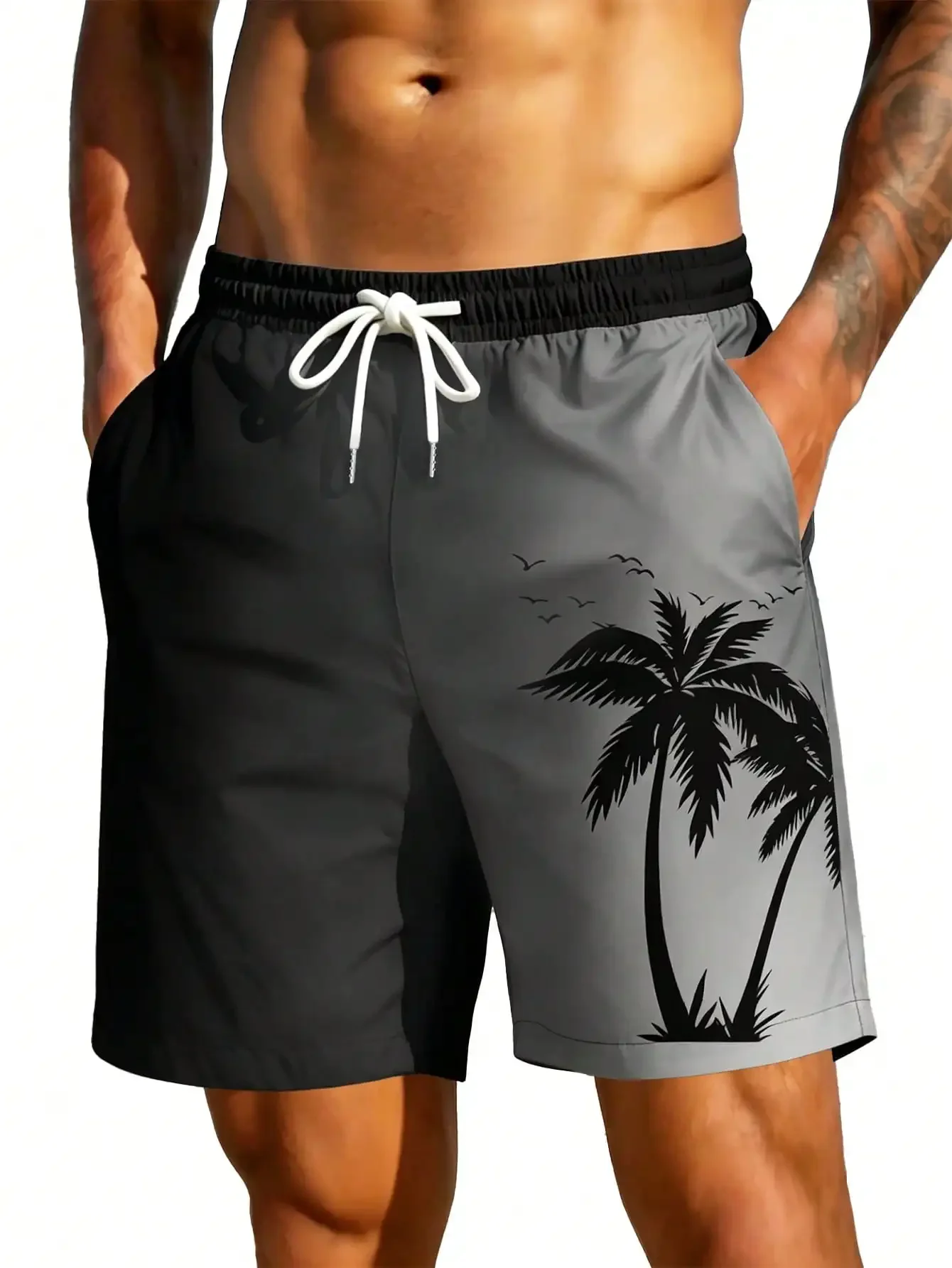 

Men's Swim Trunks, Hawaii Holiday Coconut Tree Ombre 3D Printed Casual Outdoor Beach Shorts, Drawstring Waistband, Single Layer Without Lining, Perfect For Casual, Vacation, Beachwear,Hawaiian