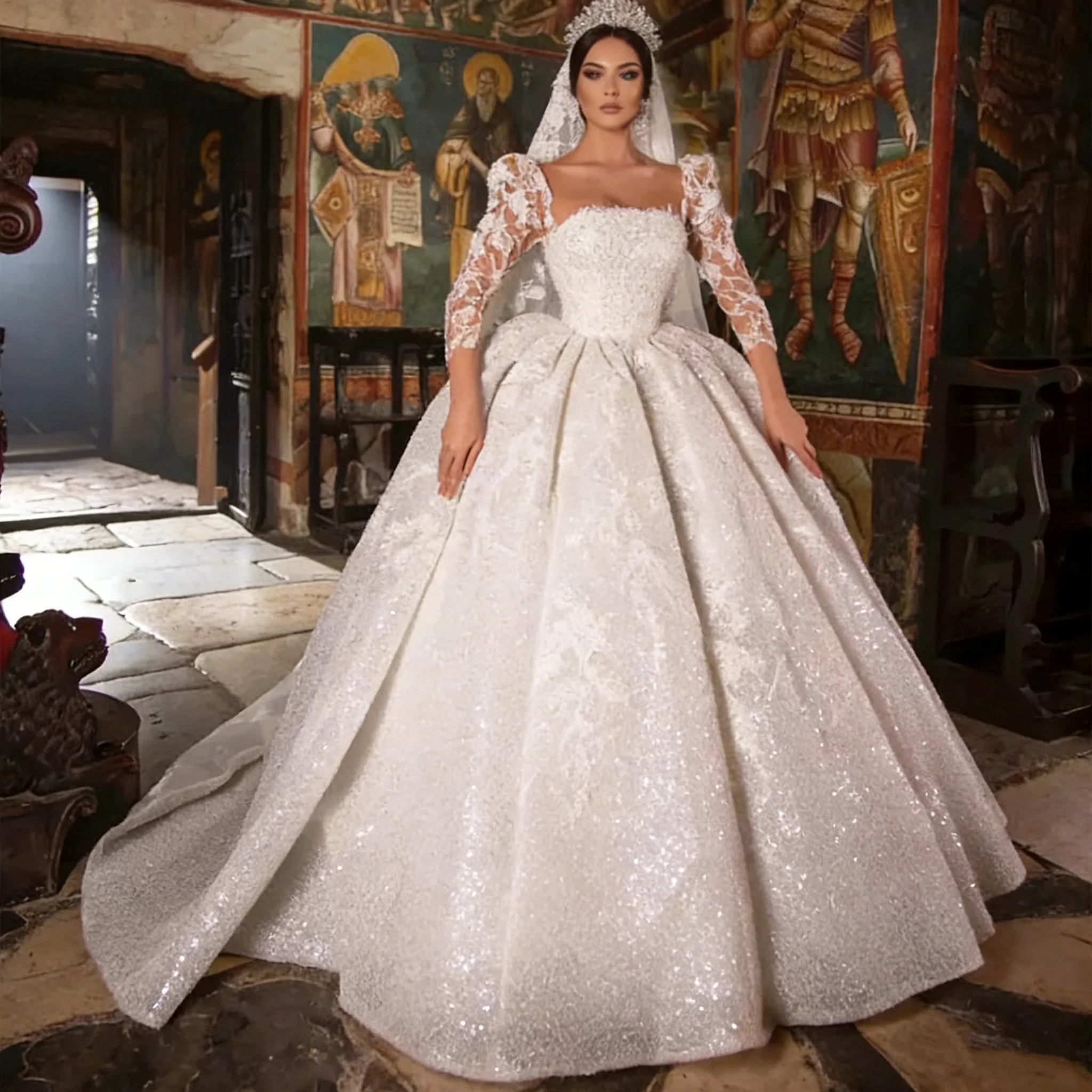 

Роскошные платья для выпускного вечера с квадратным воротником по индивидуальному заказу, кружевное свадебное платье принцессы с длинными рукавами, великолепное свадебное платье трапециевидной формы с рюшами