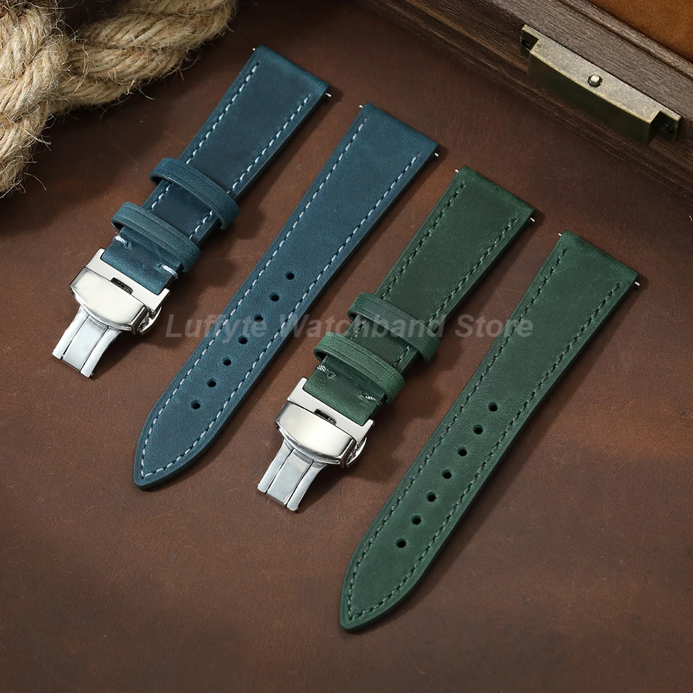 Butterfly Clasp Quick Release Men Crazy Horse Leather Watch Band 18mm 20mm 22mm Wristwatch Strap Replacement Band