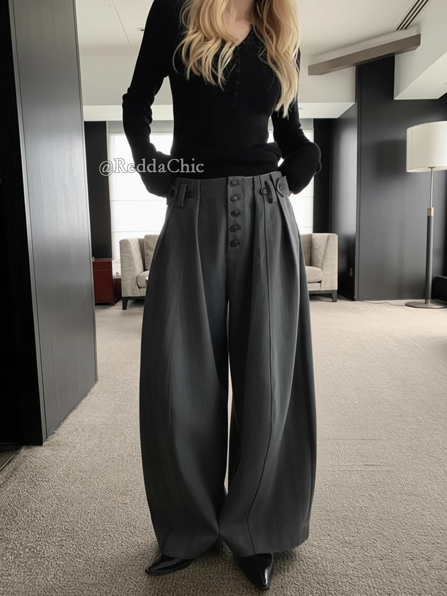REDDACHiC Pantaloni da abito unisex con bottoni e tasche Pantaloni casual a gamba larga larghi a pieghe Pantaloni da lavoro eleganti da donna da uomo