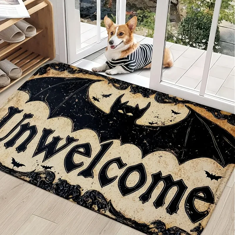 1 Stück Halloween-Willkommens-Fußmatte, gruselige Fledermaus, Zuhause, Party oder Geschenk, perfekt für Veranda, festliches Eingangsbereich, Zubehör, dekorative Willkommensmatte