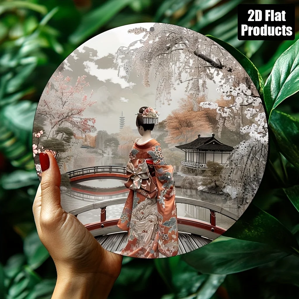 2D Flat – 1 Stück Vintage japanische Kimono-Frau-Aluminium-Wandkunst – 20,3 x 20,3 cm großes rundes Metallschild mit traditioneller asiatischer Szene, ideal für