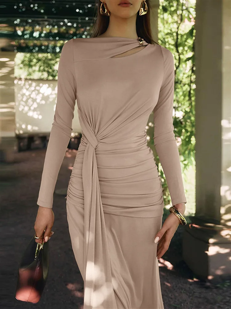 Absobe otoño nueva moda mujer elegante Maxi vestido ajustado cintura fruncida cinta Irregular manga larga vestidos largos ropa de fiesta