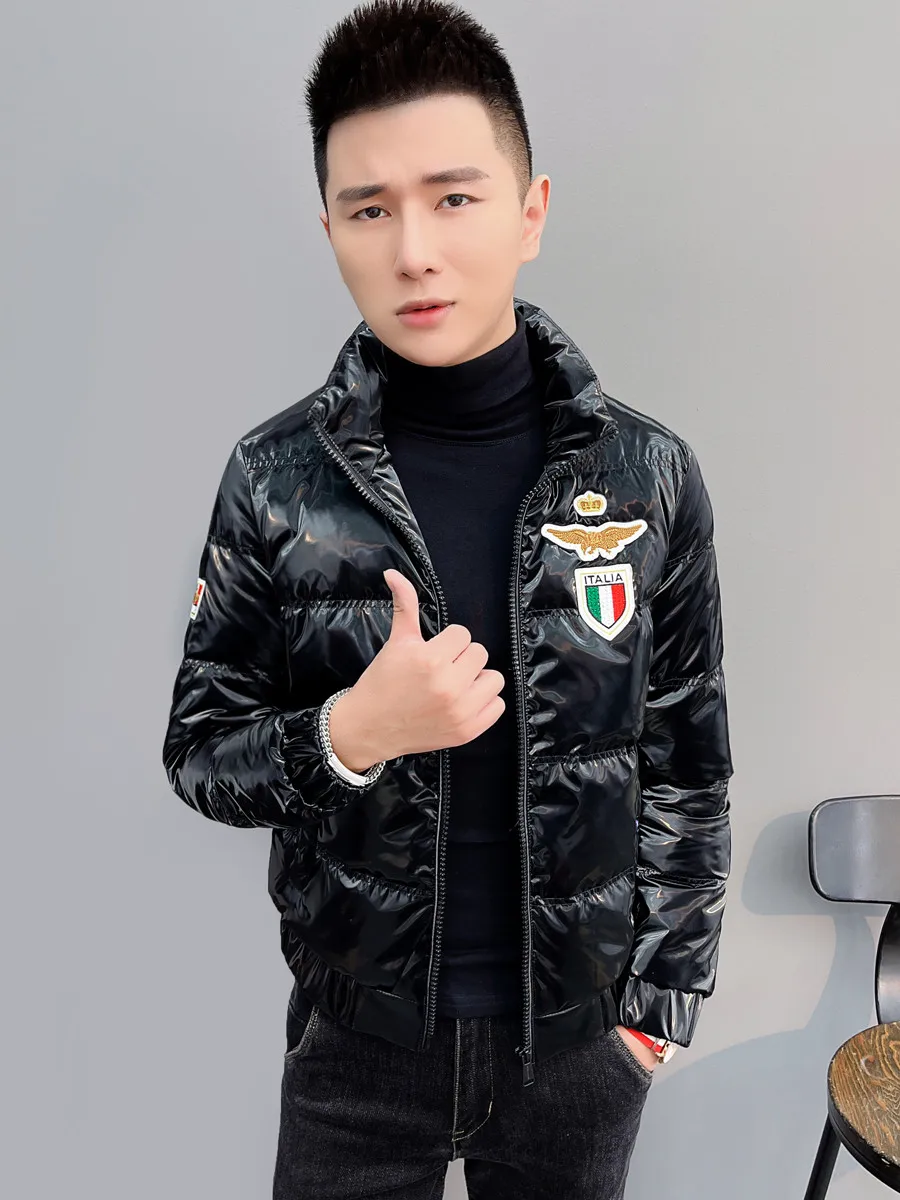 

Men's Winter Thiened Faionable ort down Jaet Youth Sle Bright Surface Fitting Korean Version White Du down Filling