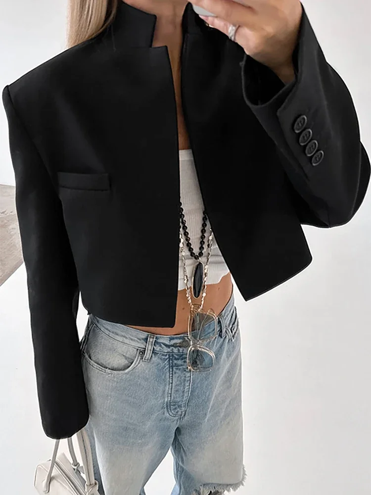 Trendix Basic Black Jackets Women Stand Collar Fashion Solid Coat Femme Street Fashion Long Sleeve Office Short Blazer Lady 2024