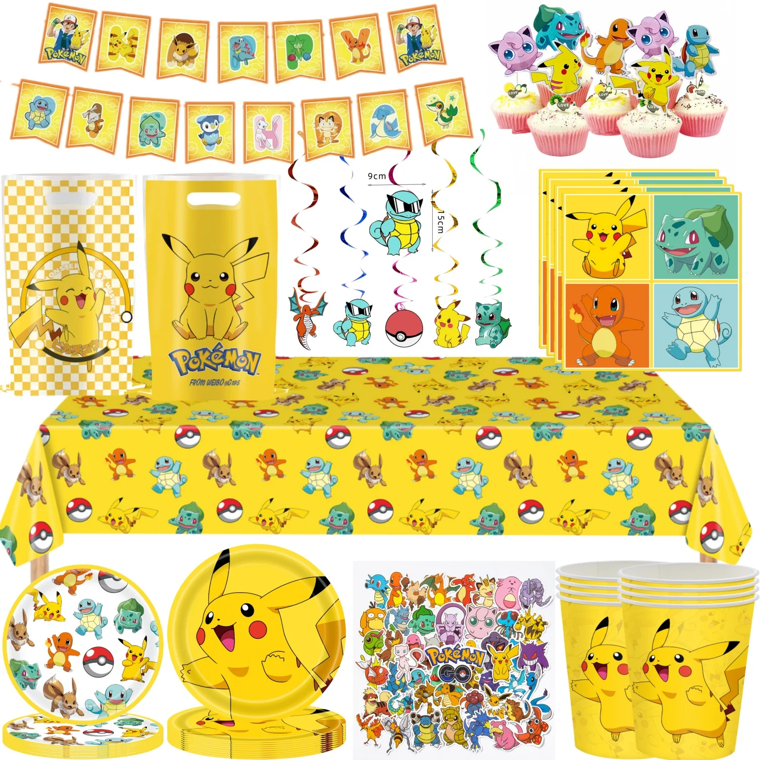 Cartoon-Party-Zubehör-Set Geburtstagsparty-Dekoration Tischware Tischdecke Teller Becher Serviettenbeutel Pokeball-Party-Geschenke Zubehör