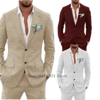2 Pieces Blazer and Pants Set Linen Suit Tailored Suits Pocket in A Slot Men‘s Designer Clothes Vest for Office Evening Party
