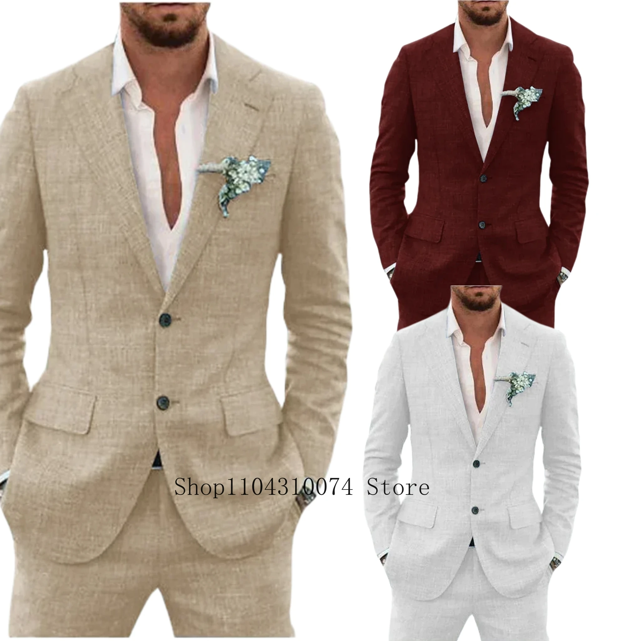 2 Pieces Blazer and Pants Set Linen Suit Tailored Suits Pocket in A Slot Men‘s Designer Clothes Vest for Office Evening Party