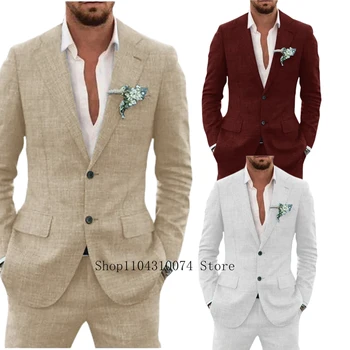 2 Pieces Blazer and Pants Set Linen Suit Tailored Suits Pocket in A Slot Men‘s Designer Clothes Vest for Office Evening Party