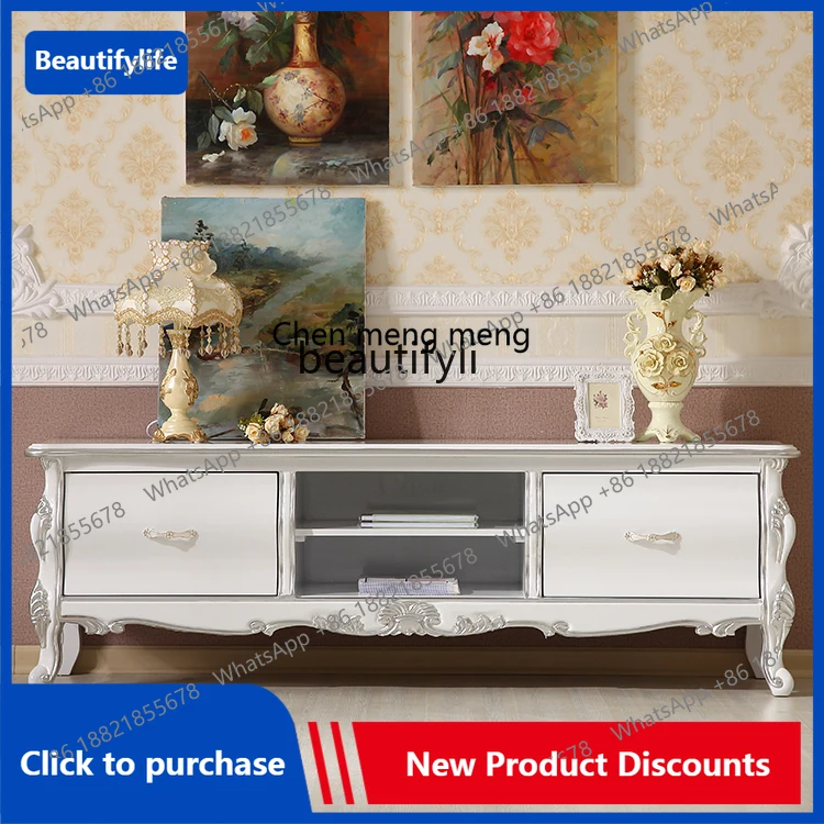 C85 European-Style TV Cabinet and Tea Table Combination Neoclassical Solid Wood Living Room Simple Floor Cabinet TV Cabinet