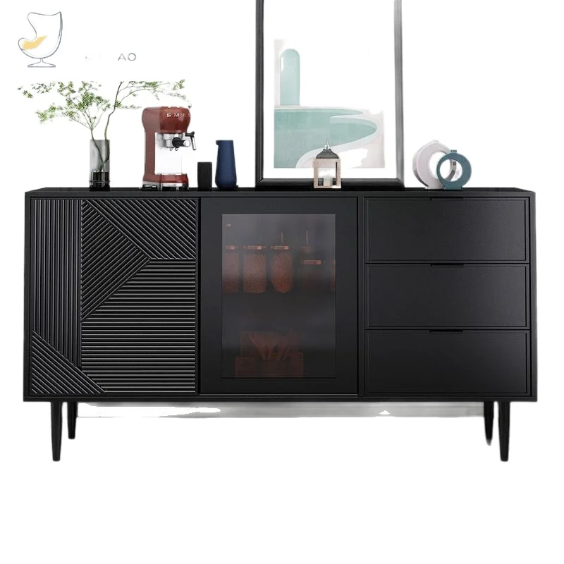 

Light luxury black tea and wine cabinet against the wall, modern simple living room storage locker