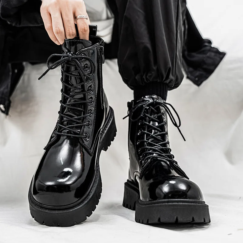 Classic Fashion Glitter Leather Black Boots for Men Comfortable Height-increasing Platform Boots Big Size 46 Lace-up Ankle Boots