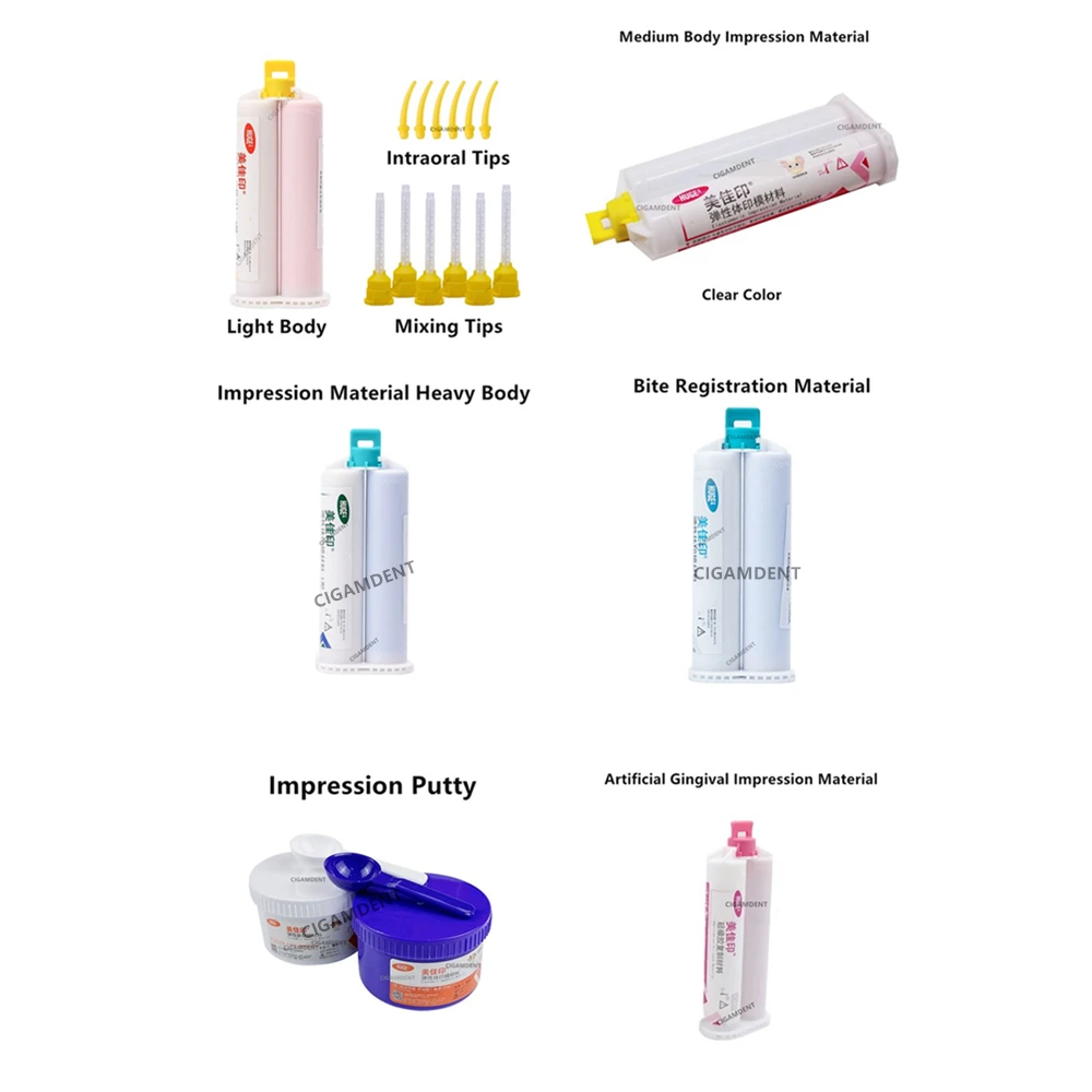 Dental Silicone Impression Material Putty Light Body Heavy Body Medium Bite Registration Artificial Gingival Gum Mixing Tips Gun