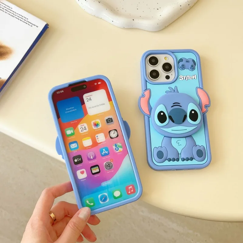Disney Stitch with Mirror Silicone Cover for IPhone 16 15 14 Pro Max Case Kawaii 3D Cartoon with Makeup Mirror Stand Holder Gift