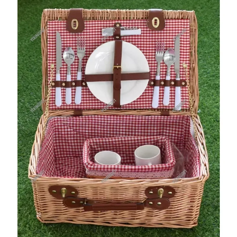 Outdoor Picnic Rattan Wicker Basket with Cutlery - Household Storage Ideal for Fruit Steak Vegetable Holding