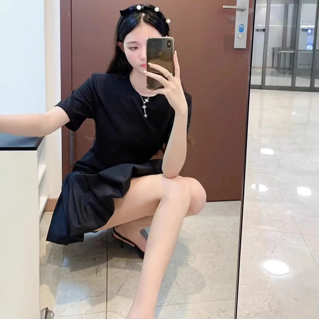 

2025 Sezanes Vintage Elegant French Long Dress Summer Sweet Aging Round Neck Knit Patchwork Hem Short Bubble Dress