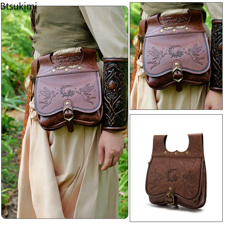 Retro Medieval PU Waist Bag Fantasy Forest Belt Bags Unique Viking-style Design Fanny Pack for Unisex Cosplay Costume Accessory