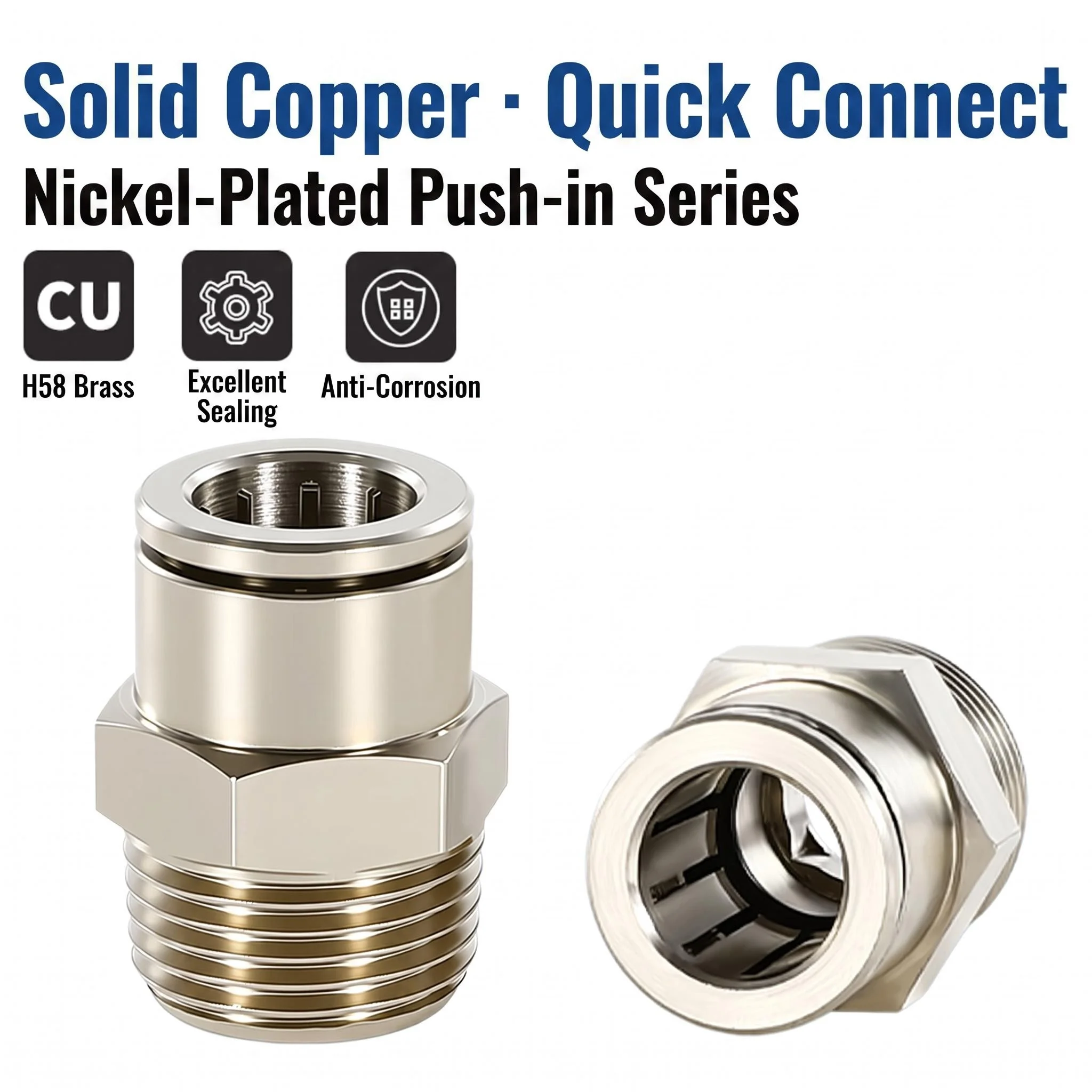 PC Full Copper Nickel Plated Pneumatic Quick Connector External Thread BSPT1/8 1/4 3/8 1/2 M5 PU Hose Cylinder Solenoid Valve