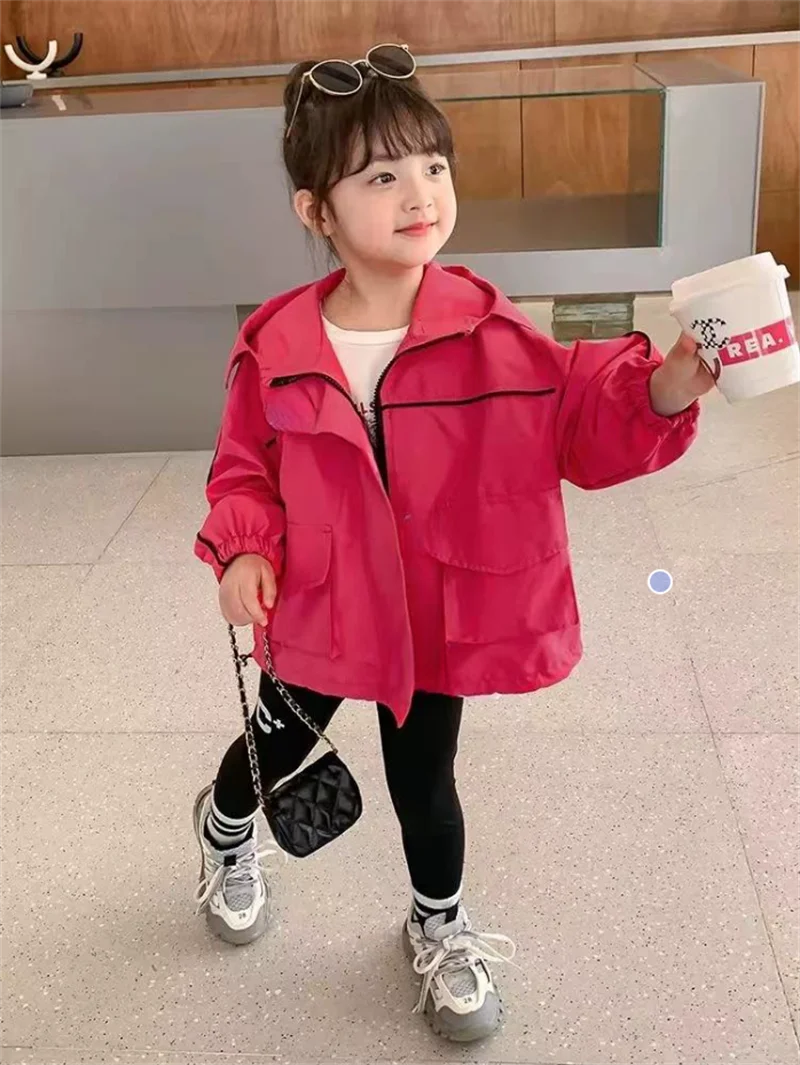 Girls Fashion Hooded Jackets 2024 New Kids Autumn Coats Children Spring Casual Zipper Trench Toddler Trends Solid Colour Clothes