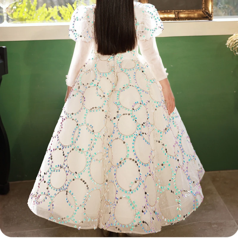 Customized Simple Spring Summer Small Square Collar Puff Sleeve Gown Exquisite Sequin Design Cascading Dresses Back Zipper Desig