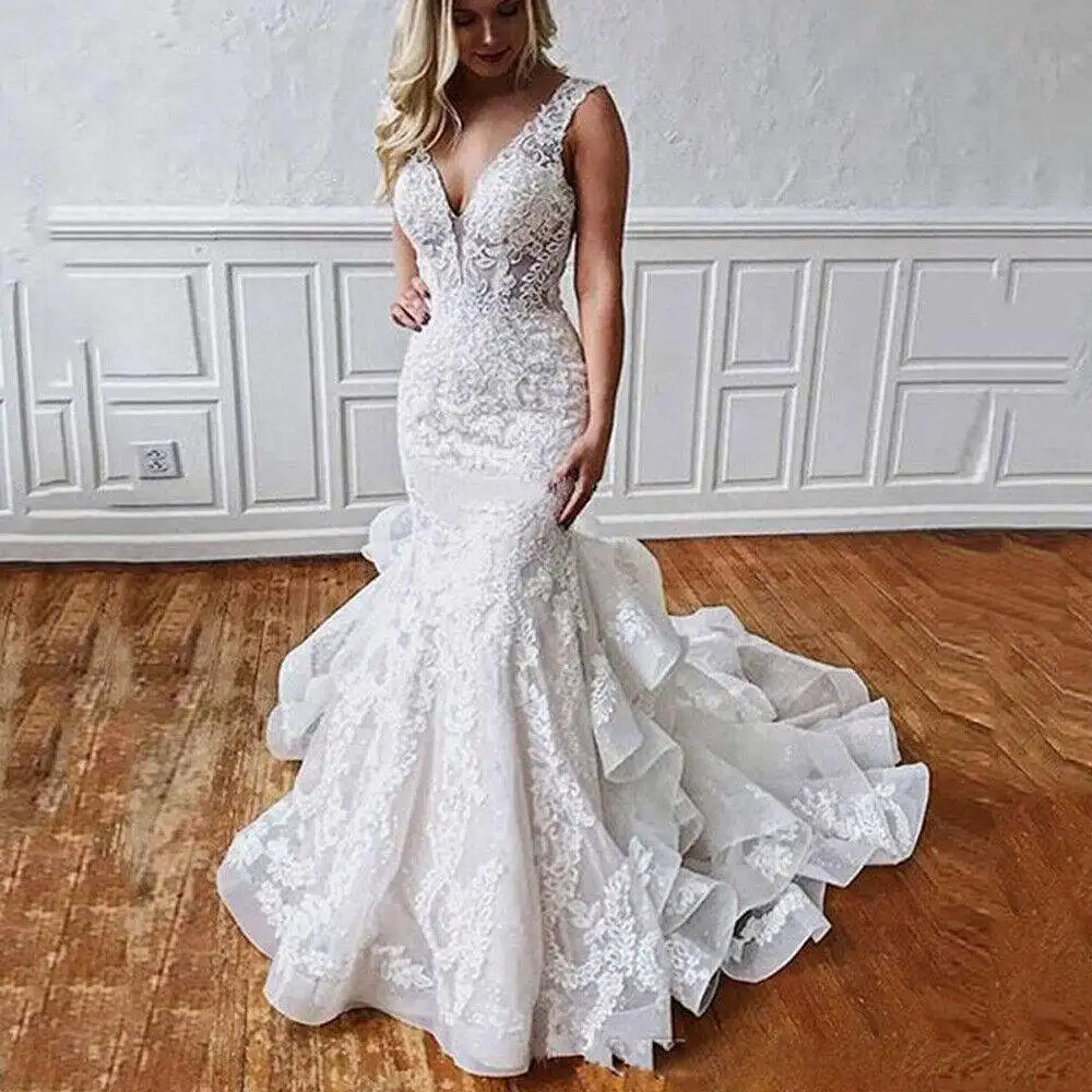 

Lorencia Sexy Lace Mermaid Wedding Dresses V Neck Organza Lace Appliques Wedding Bridal Gowns For Women Vestido De Noiva YMW26