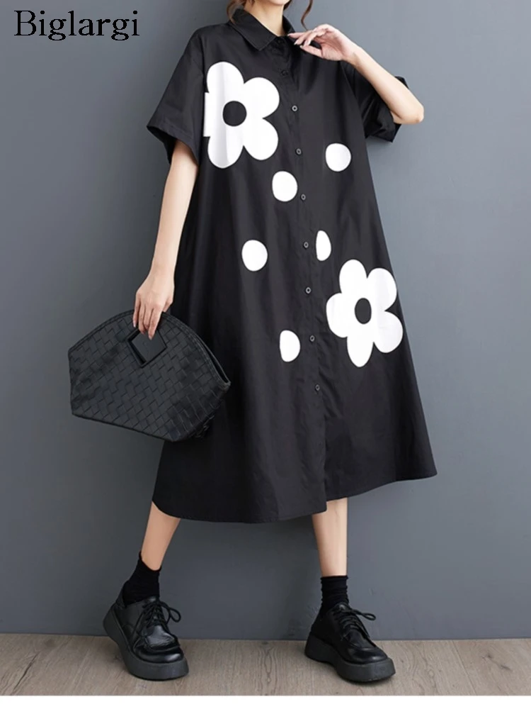 Oversized Summer Midi Shirt Dress Women Flower Polka Dot Print Fashion Casual Ladies Dresses Loose Ruffle Pleated Woman Dress