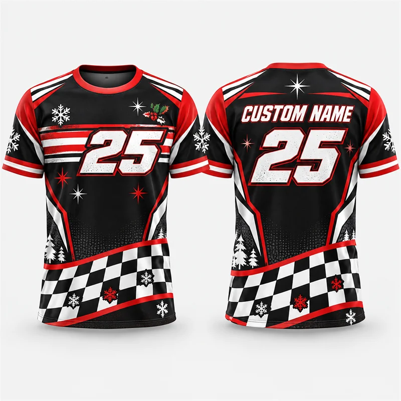 Custom Name Number Christmas Racing T Shirt Men Checkered Flag Graphic Short Sleeve Xmas Holiday Motorsport Streetwear Top Gift