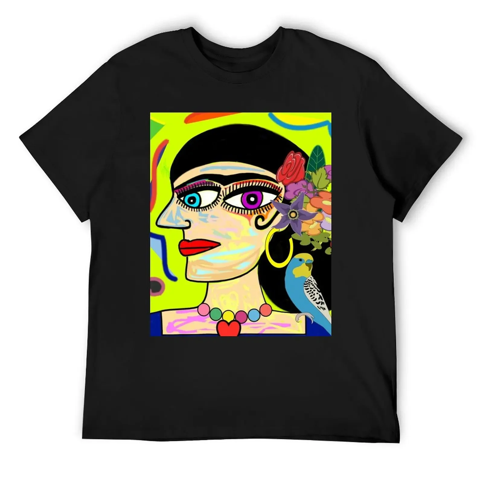 Latin Lady with Budgie and Flowers T-Shirt korean fashion baggy shirts luxury clothes men