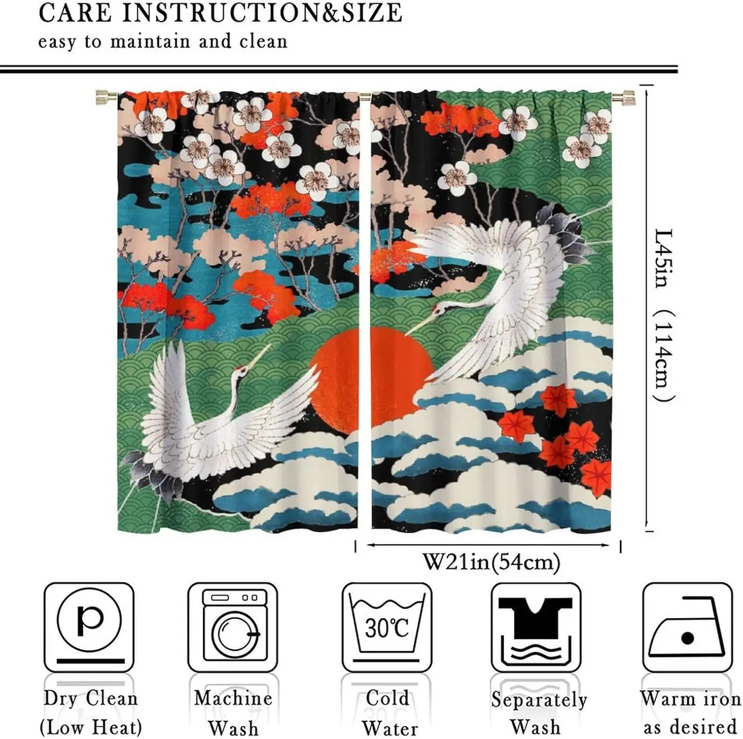 Japanese Flying Crane Rod Pocket Curtain Wave Plum Blossom Maple Red Sun Ukiyo-e Print Decor For Bedroom Living Room Home