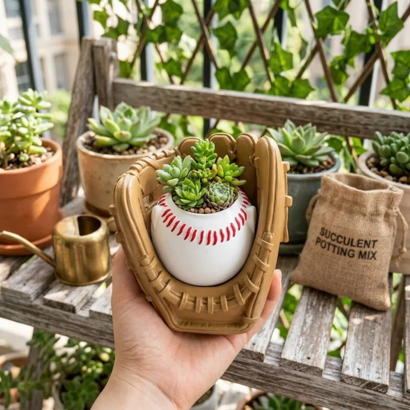 LLCS-Baseball Glove Flower Pot Creative Baseball Shape Planter Sports Theme Mini Plant Pot Desktop Decor