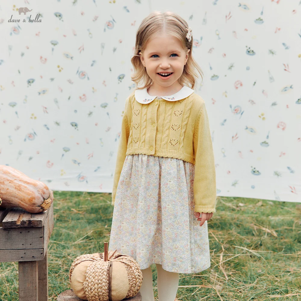 Dave Bella Dresses Cotton Spring Girls Autumn Elegant Children Dress Floral Charm Knee Length Sweet Princess Gathering DB3262902