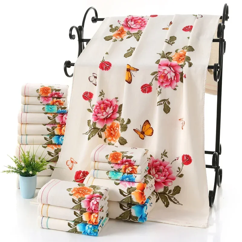 2024 New Luxury 100% Cotton Towel with Bath Towels New Women Peony Beach Towel Bathroom Set for Family Guest Bathrooms Gym