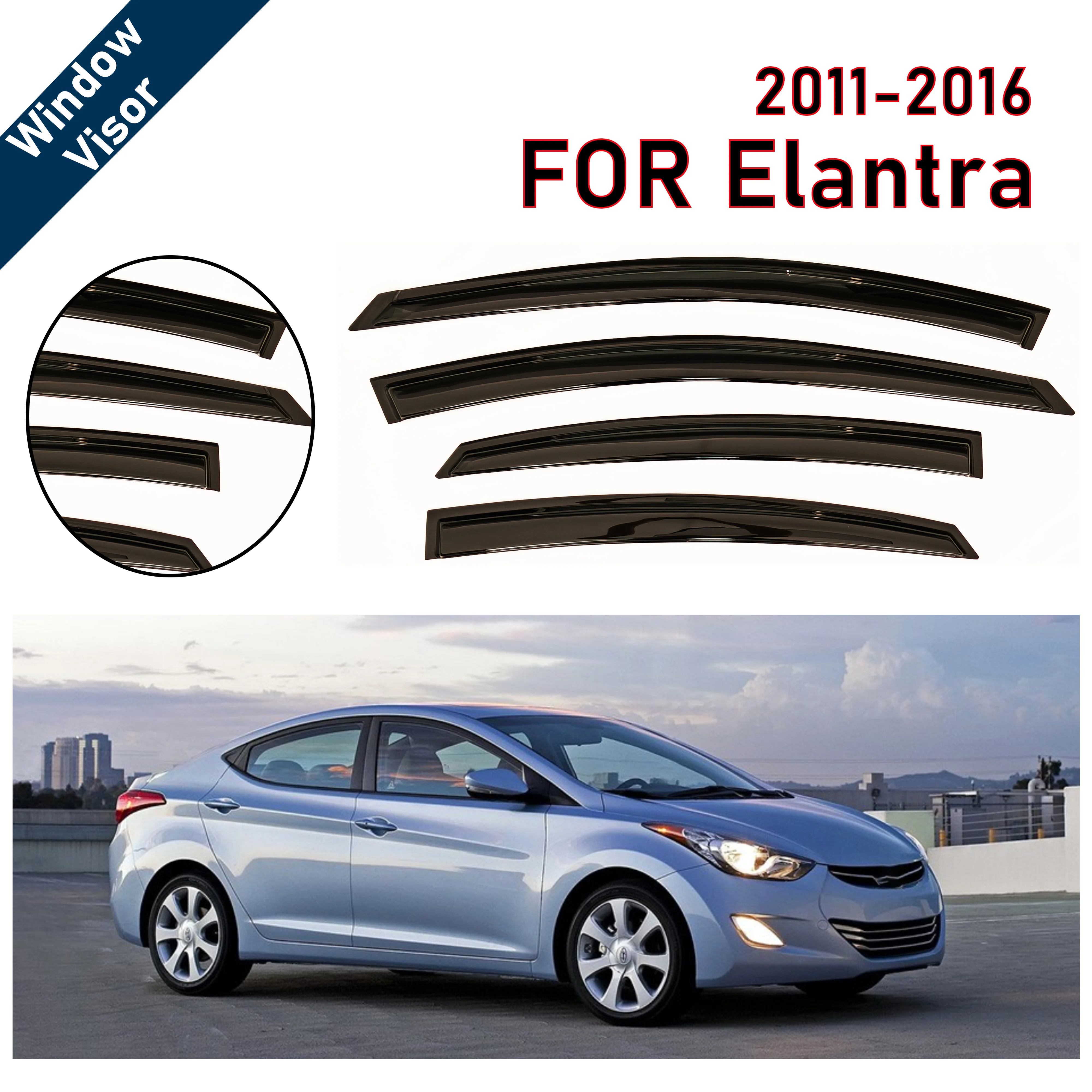 Window Visor for Hyundai Elantra 2011-2016 Sedan | 4pcs Rain Guard Wind Deflector | Car Weather Shield Accessory