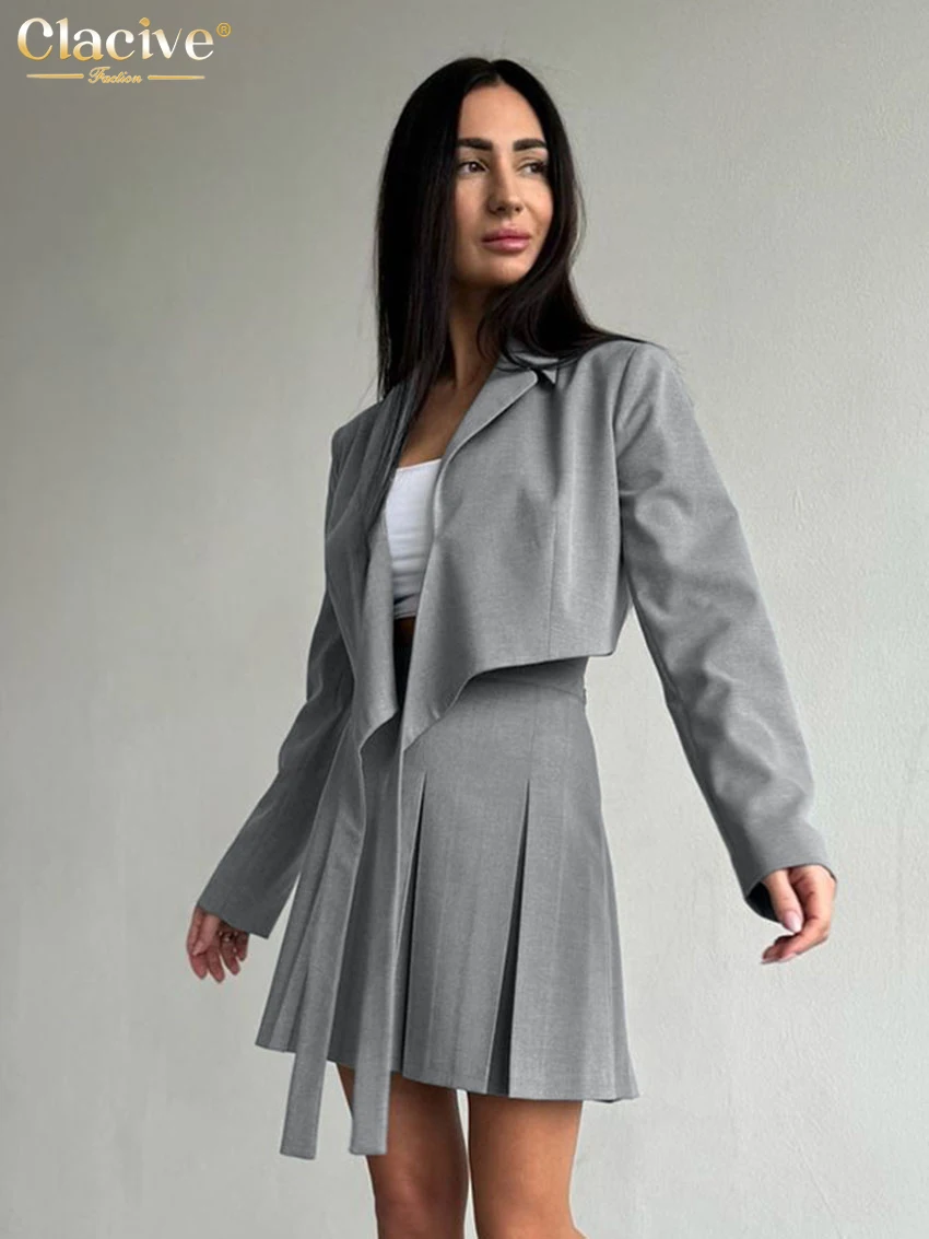 Clacive Fashion Loose Gray Women\'s Two Pieces Set 2025 Elegant Long Sleeve Lace-Up Top With High Waist Pleated Mini Skirt Set