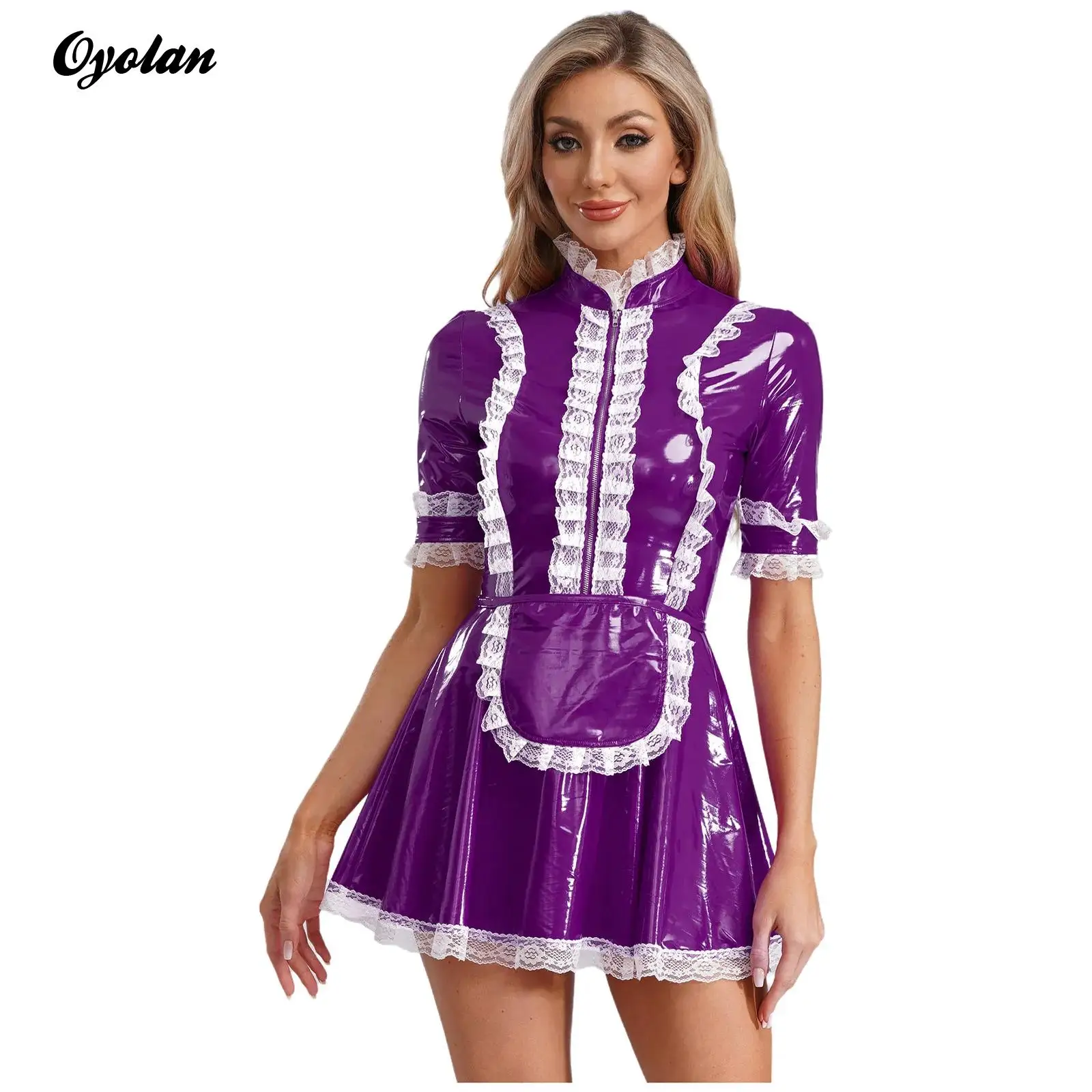 

Womens Lace Trim Maid Servant Latex Dress with Apron Short Sleeve Traditional Maid Dress French Maid Uniform Cosplay Costume