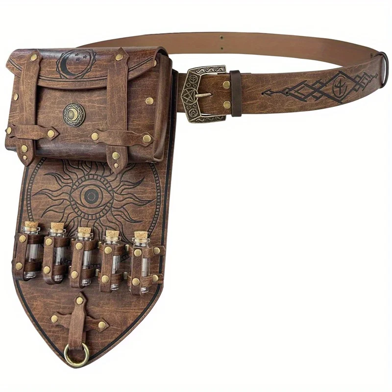 2pcs/3pcs Medieval Retro PU Leather Belt/Magic Alchemy Waist Bag/5 Cork Potion Bottle Set Accessories for Viking Style Renaissan