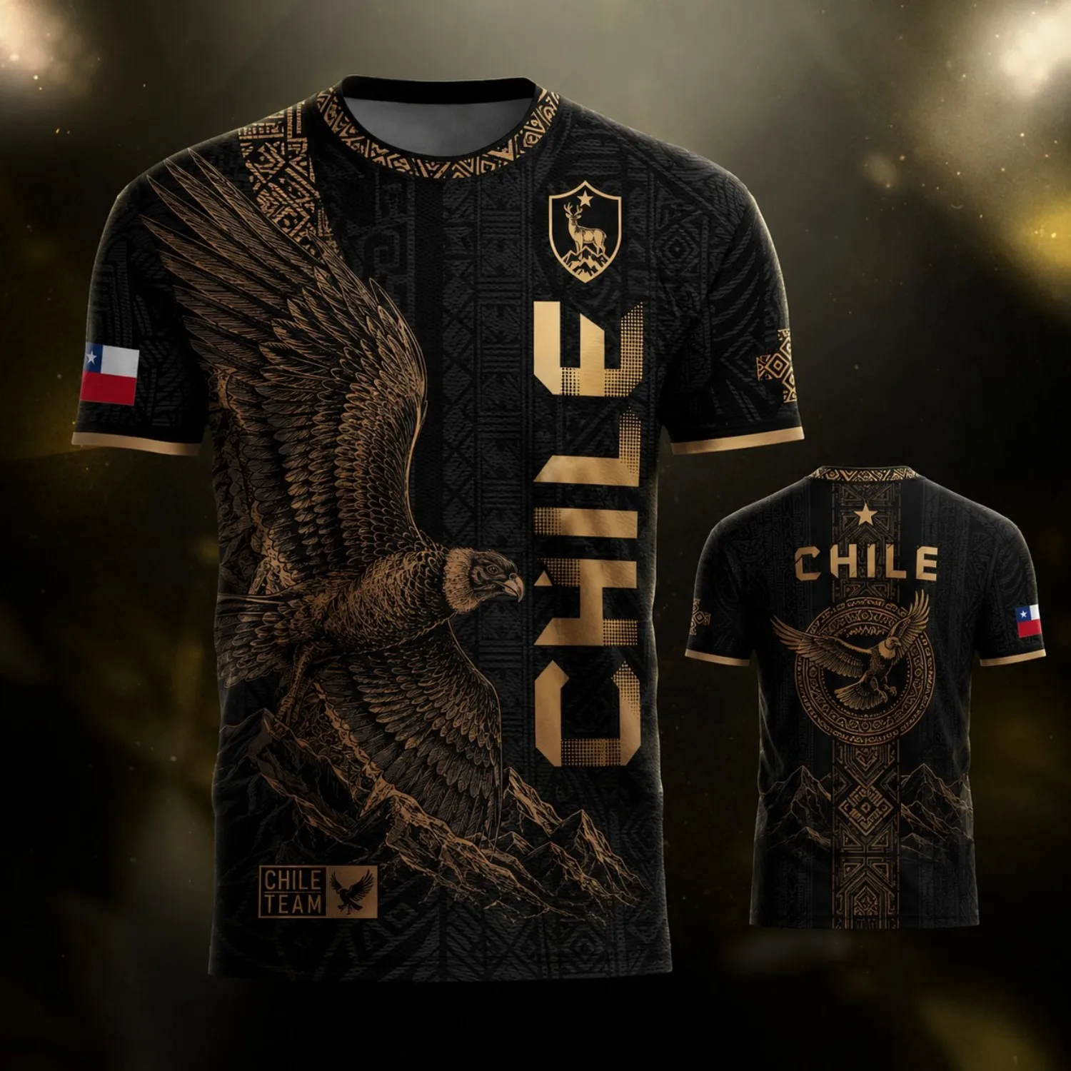 Mens Crew Neck T Shirt Chile Black Gold Eagle Mountain Graphic Short Sleeve Casual Street Outdoor Team Style Top Wear Modern Tee