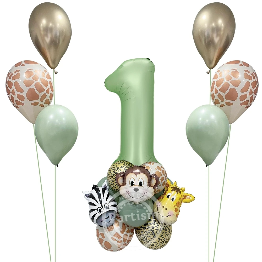 

1set Wild One Animal Balloons Tower with Vintage Green Number Balloon For Kids Jungle Safari Forest Birthday Party Decorations