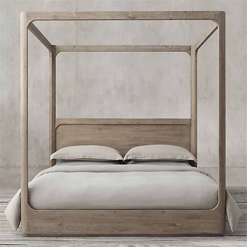 American Style Solid Wood Elevated Four Column Double Bed Large Bedroom Hotel Villa Model Room Furniture