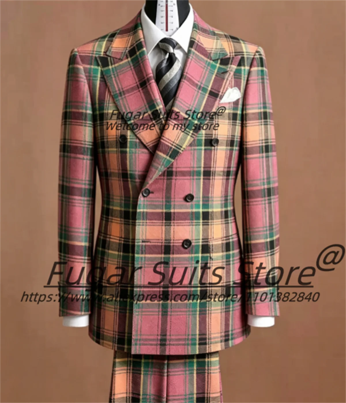 High-end Colorful Tartan Plaid Men Suits Slim Fit Double Breasted Peak Lapel Groom Prom Party Tuxedos 2Pieces Sets Costume Homme