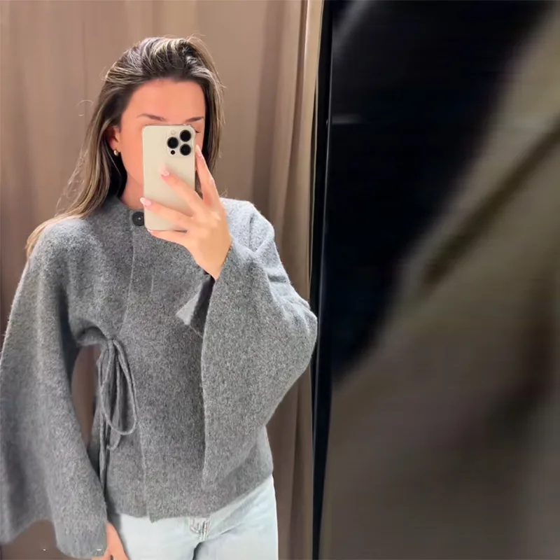 Casual Solid Women's Cardigan Lace Up Loose Knitwear Chic Spliting Batwing Sleeve Knitted Sweaters 2025 New Autumn Lady Knit Top