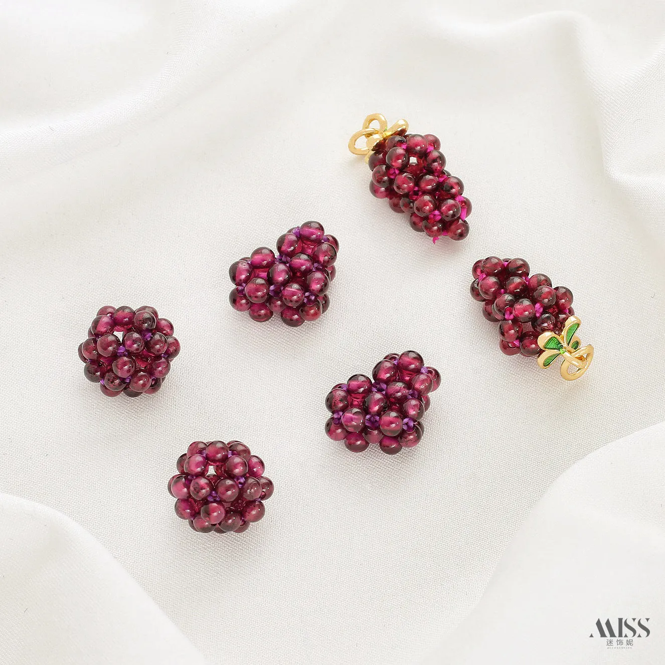 Natural Garnet Woven Ball Heart Grape Pendant Spacer Beads 18K Gold Plated DIY Bracelet Necklace Accessories