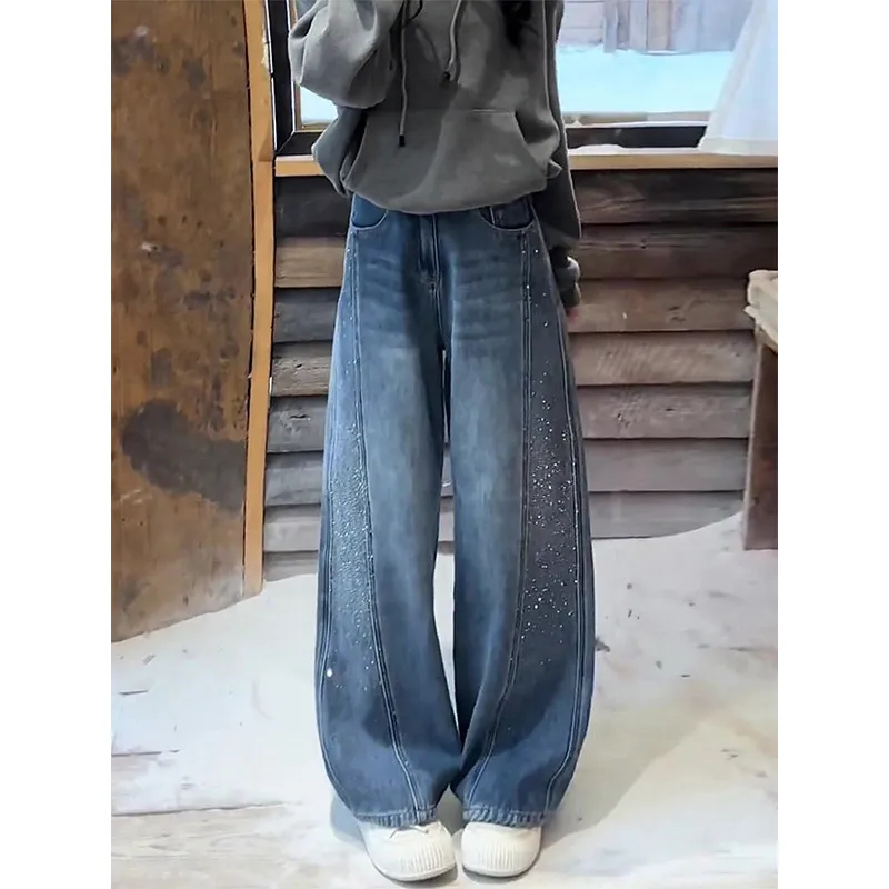 

Синие джинсы с широкими штанинами на флисовой подкладке, женские, зимние, новые, с высокой талией, украшенные стразами, с эффектом похудения, универсальные, с дизайнерским кроем.